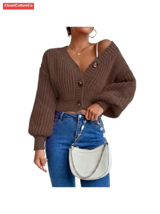 Sweaters - Women's Chunky Cable Knit Crop Cardigan V-Neck Button Front Sweater